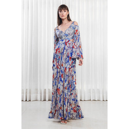 MANDIRA WIRK Blue Mist Printed Dress in Pleats and Sequins