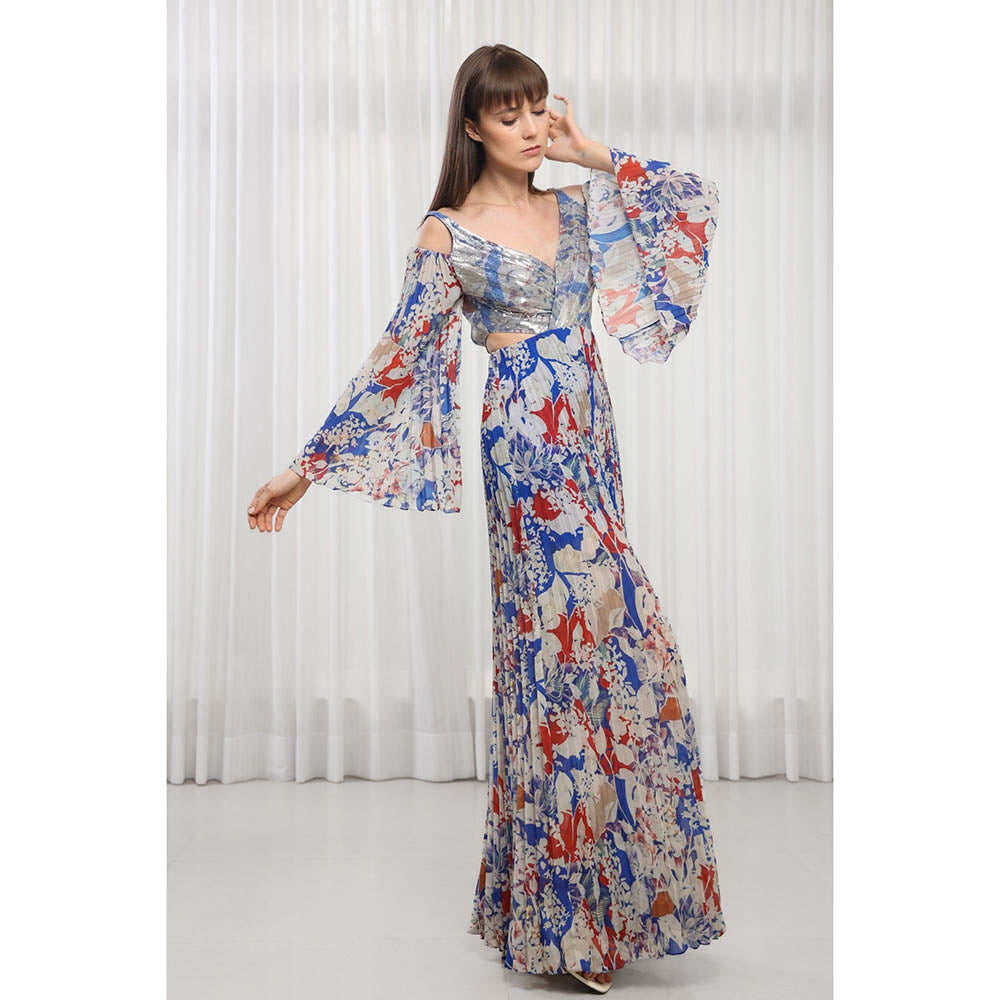 MANDIRA WIRK Blue Mist Printed Dress in Pleats and Sequins