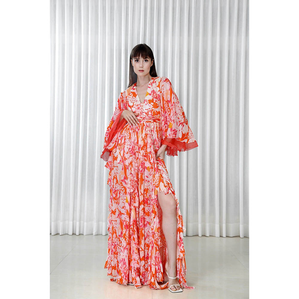 MANDIRA WIRK Maple Leaves Printed Chiffon Dress