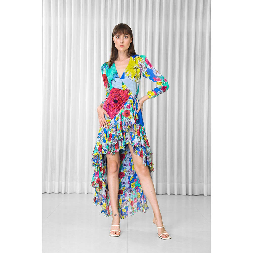 MANDIRA WIRK Hibiscus Placement Printed Ruffled Dress