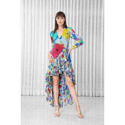 MANDIRA WIRK Hibiscus Placement Printed Ruffled Dress
