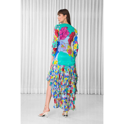 MANDIRA WIRK Hibiscus Placement Printed Ruffled Dress