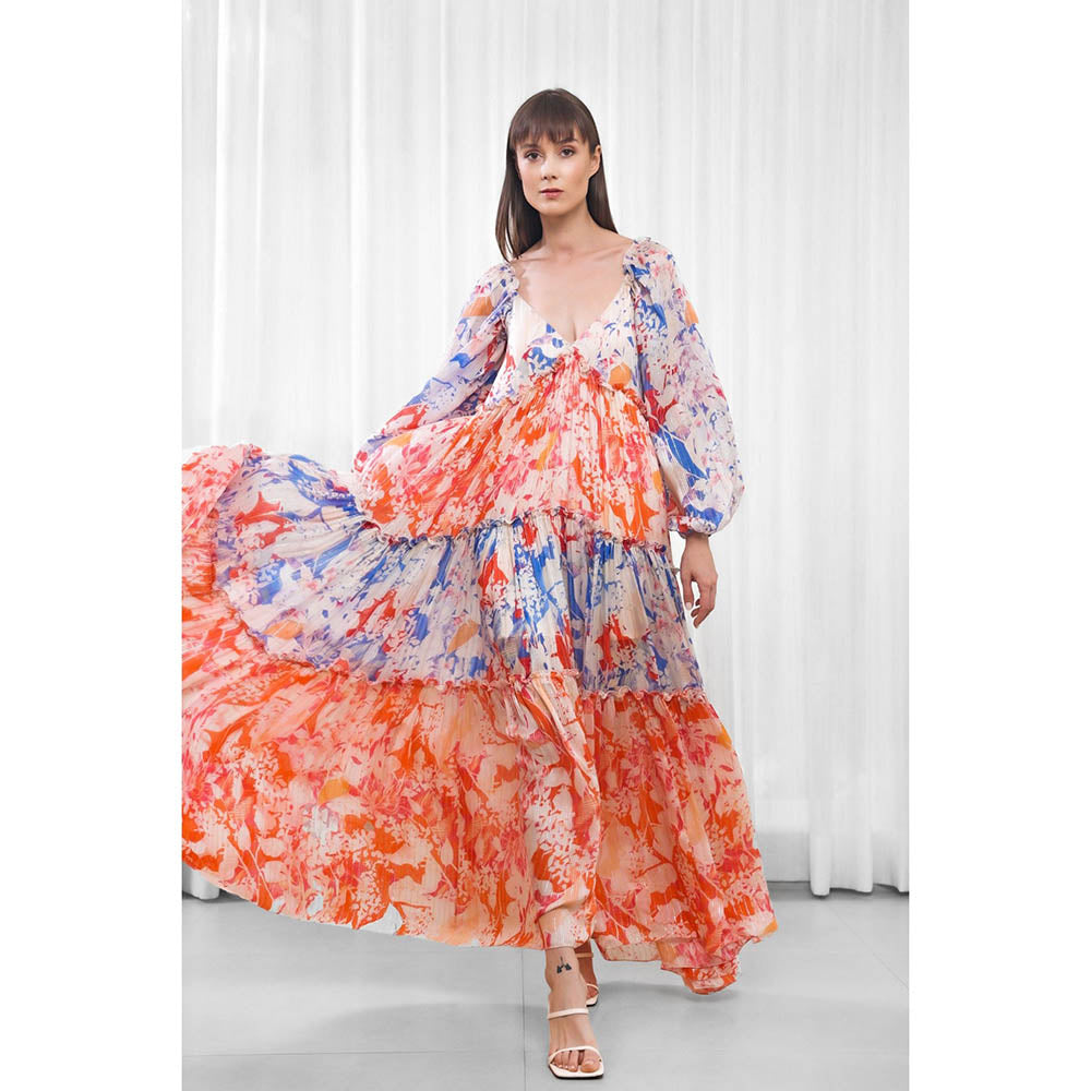 MANDIRA WIRK Blue Mist and Maple Leaves Printed Tiered Dress