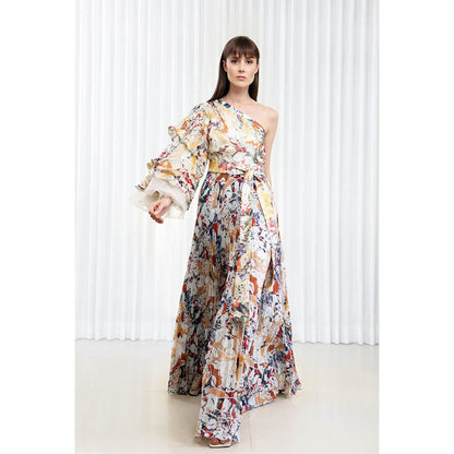 MANDIRA WIRK Autumn Leaves Printed Brasso and Pleated Dress (Set of 2)