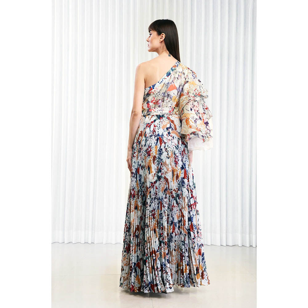 MANDIRA WIRK Autumn Leaves Printed Brasso and Pleated Dress (Set of 2)