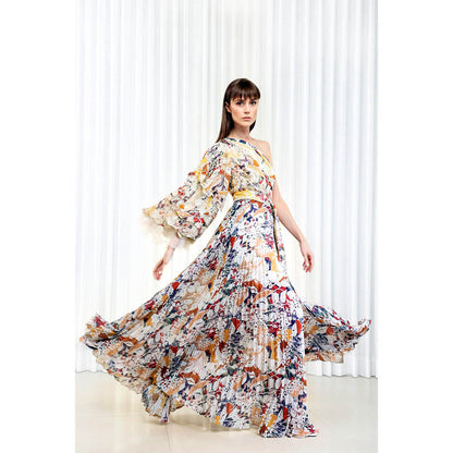 MANDIRA WIRK Autumn Leaves Printed Brasso and Pleated Dress (Set of 2)