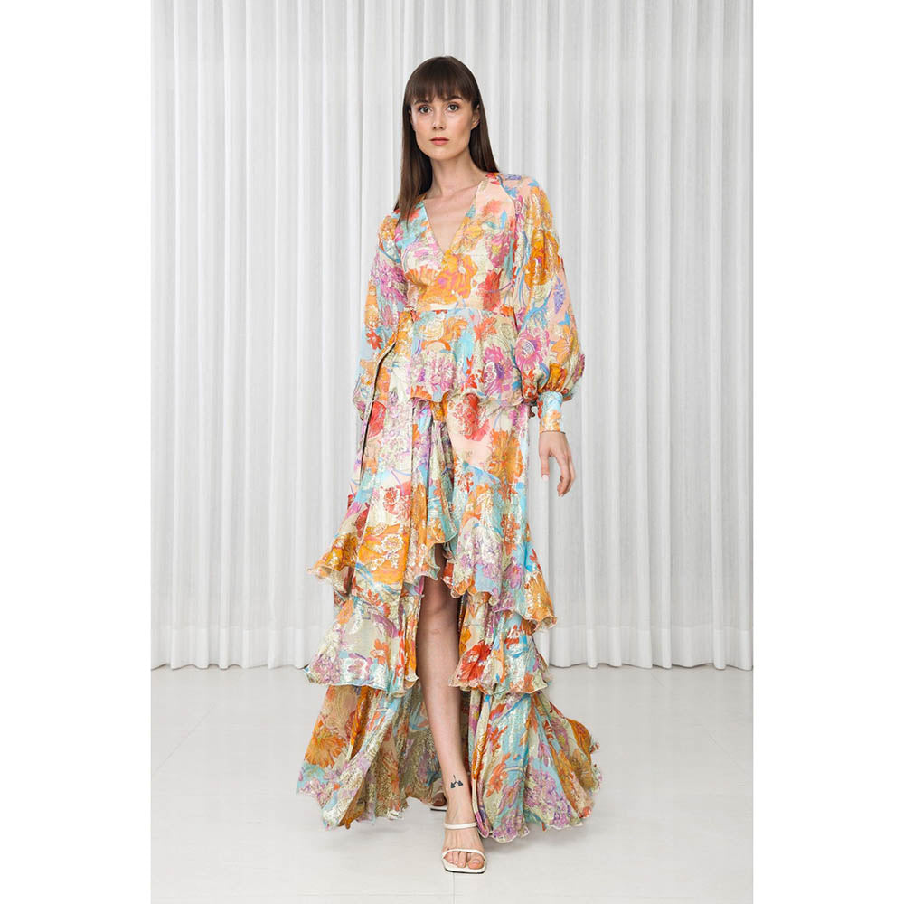 MANDIRA WIRK Hibiscus Printed Brasso Layered Dress
