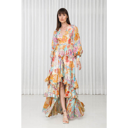 MANDIRA WIRK Hibiscus Printed Brasso Layered Dress