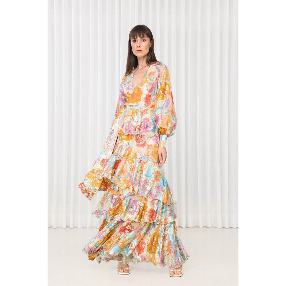 MANDIRA WIRK Hibiscus Printed Brasso Layered Dress