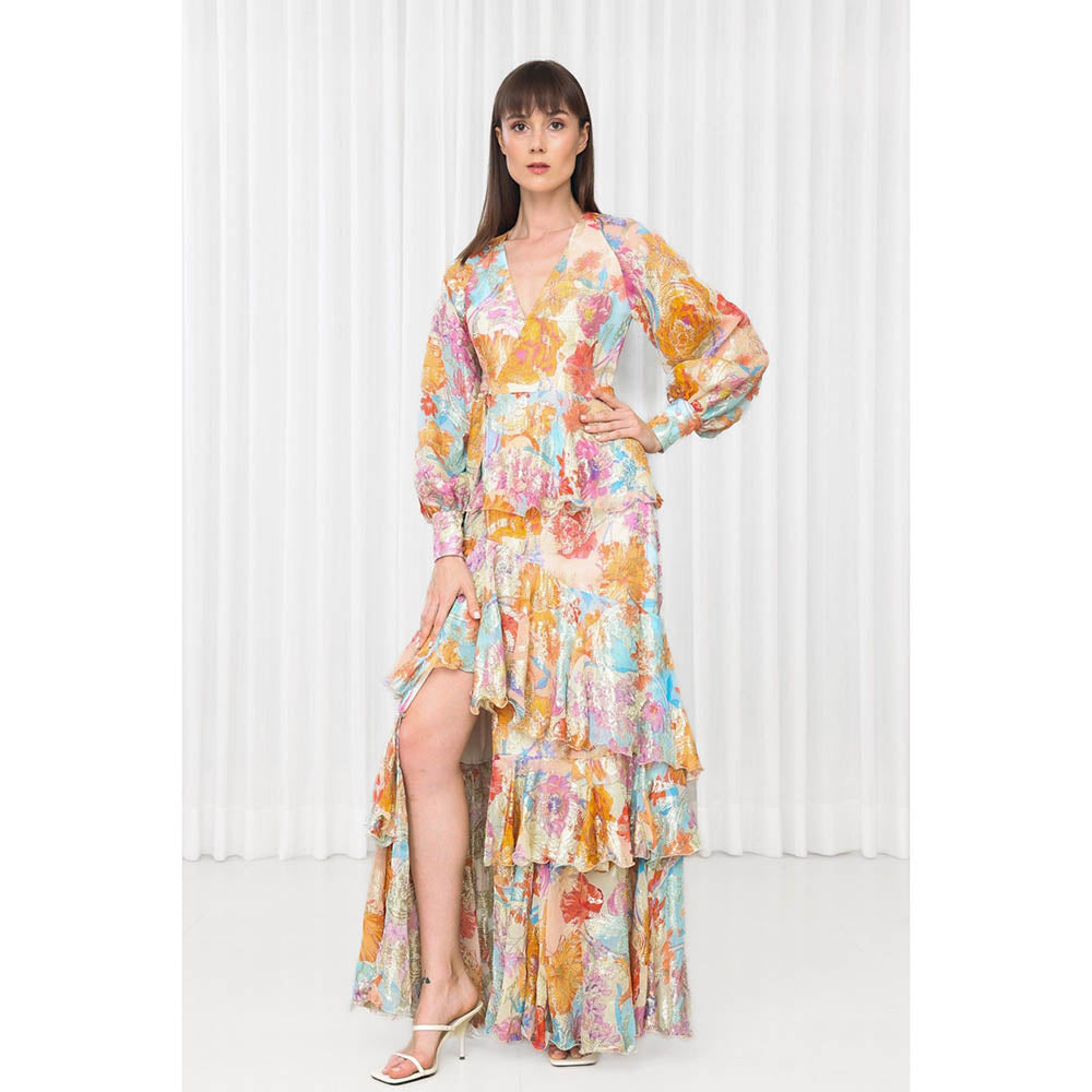 MANDIRA WIRK Hibiscus Printed Brasso Layered Dress