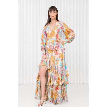 MANDIRA WIRK Hibiscus Printed Brasso Layered Dress