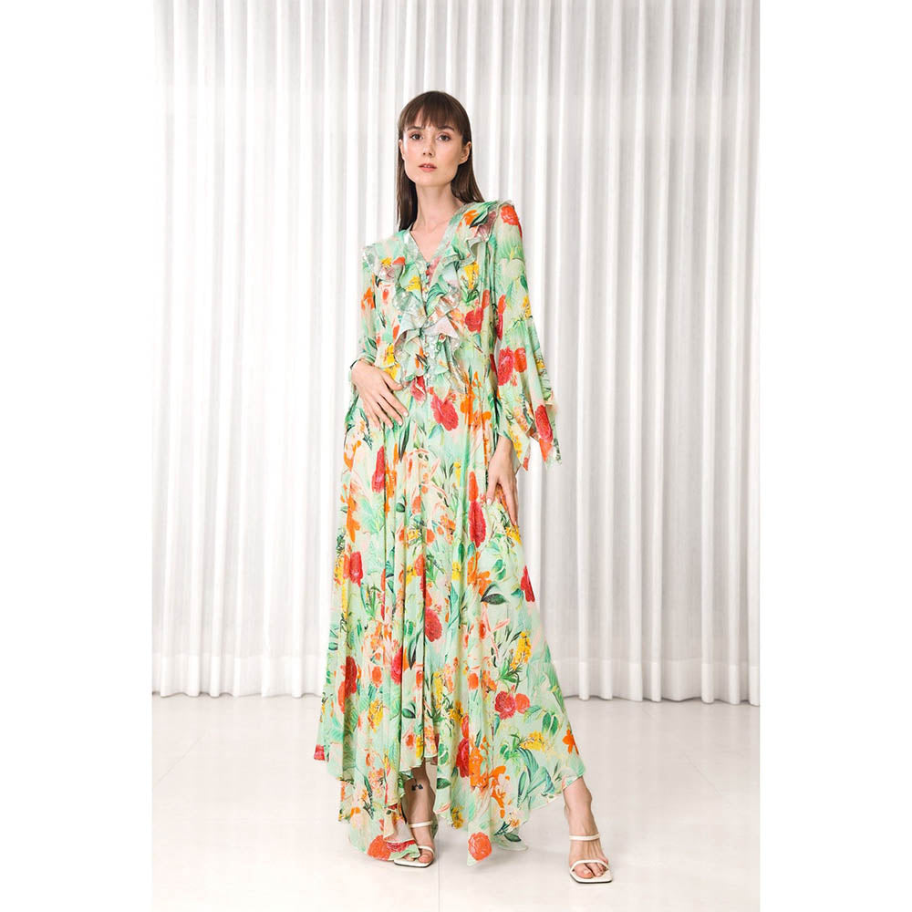 MANDIRA WIRK Dahlia Bouquet Printed High Low Dress