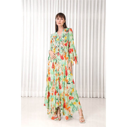 MANDIRA WIRK Dahlia Bouquet Printed High Low Dress
