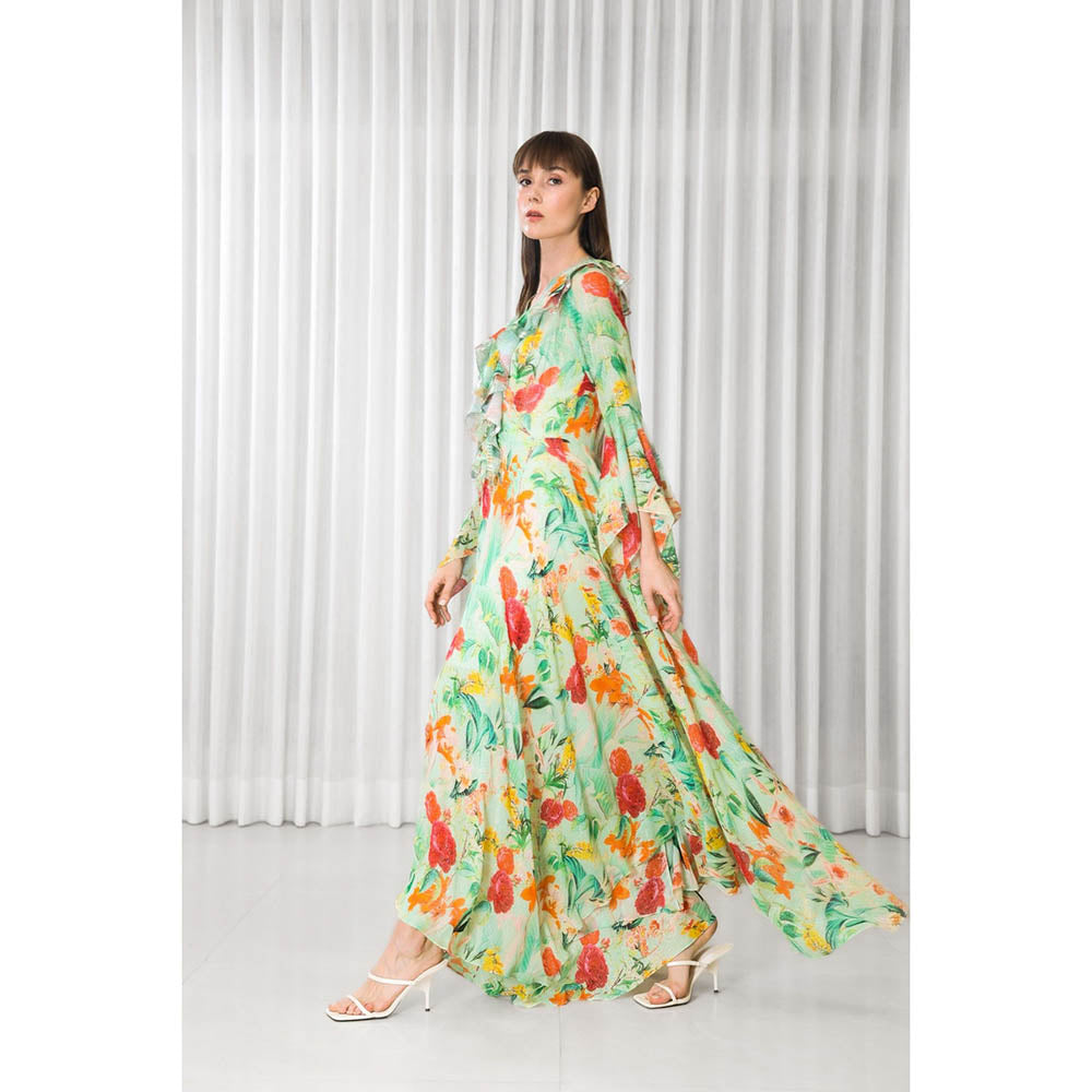 MANDIRA WIRK Dahlia Bouquet Printed High Low Dress