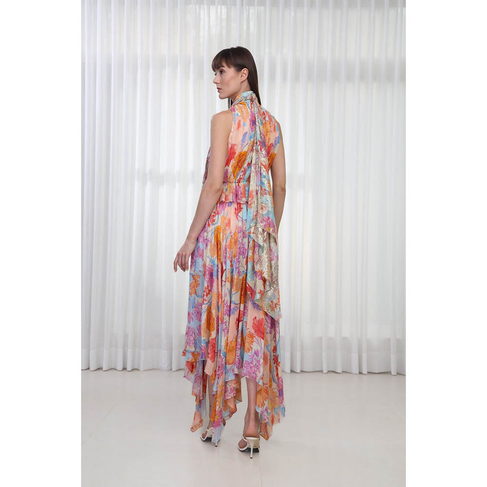 MANDIRA WIRK Hibiscus Printed Dress with High Neck Tie-Up