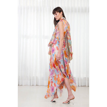 MANDIRA WIRK Hibiscus Printed Dress with High Neck Tie-Up