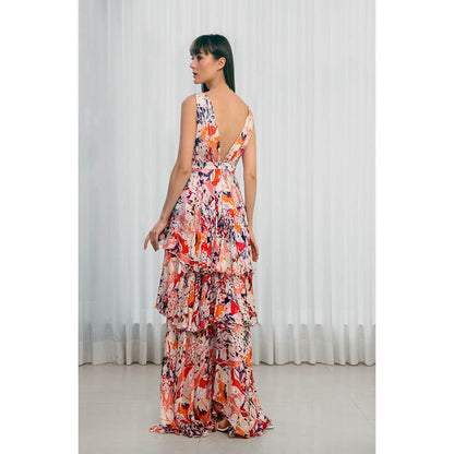 MANDIRA WIRK Rose Bud Printed Chiffon Layered Dress