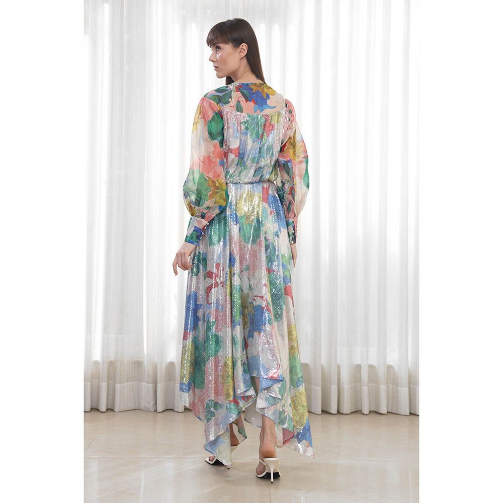 MANDIRA WIRK Hibiscus Printed High Low Dress
