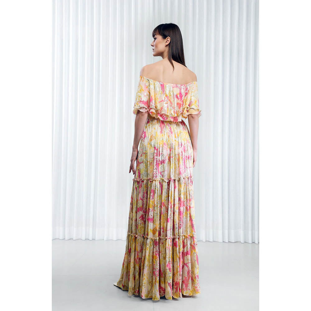 MANDIRA WIRK Daisy Printed Off-Shoulder Tiered Dress