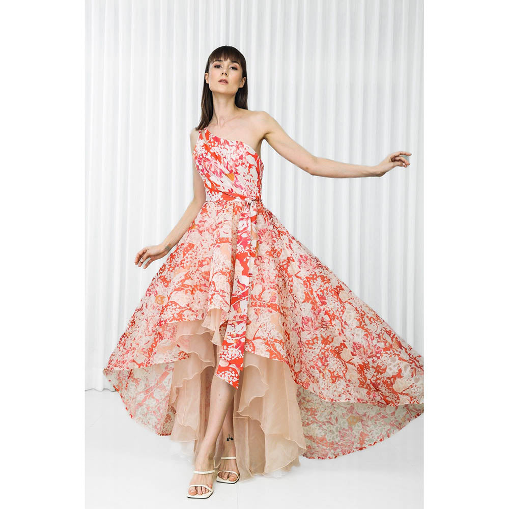 MANDIRA WIRK Maple Leaves Printed Organza Dress (Set of 2)