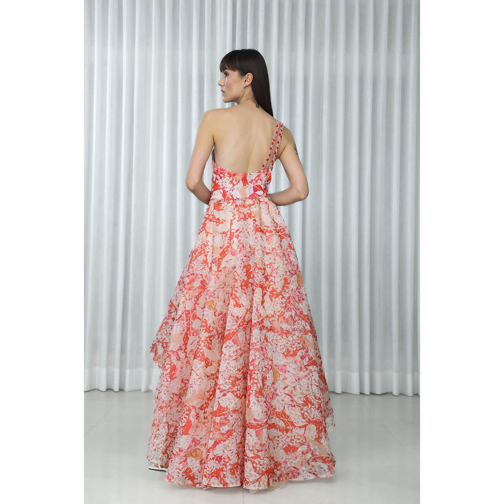 MANDIRA WIRK Maple Leaves Printed Organza Dress (Set of 2)