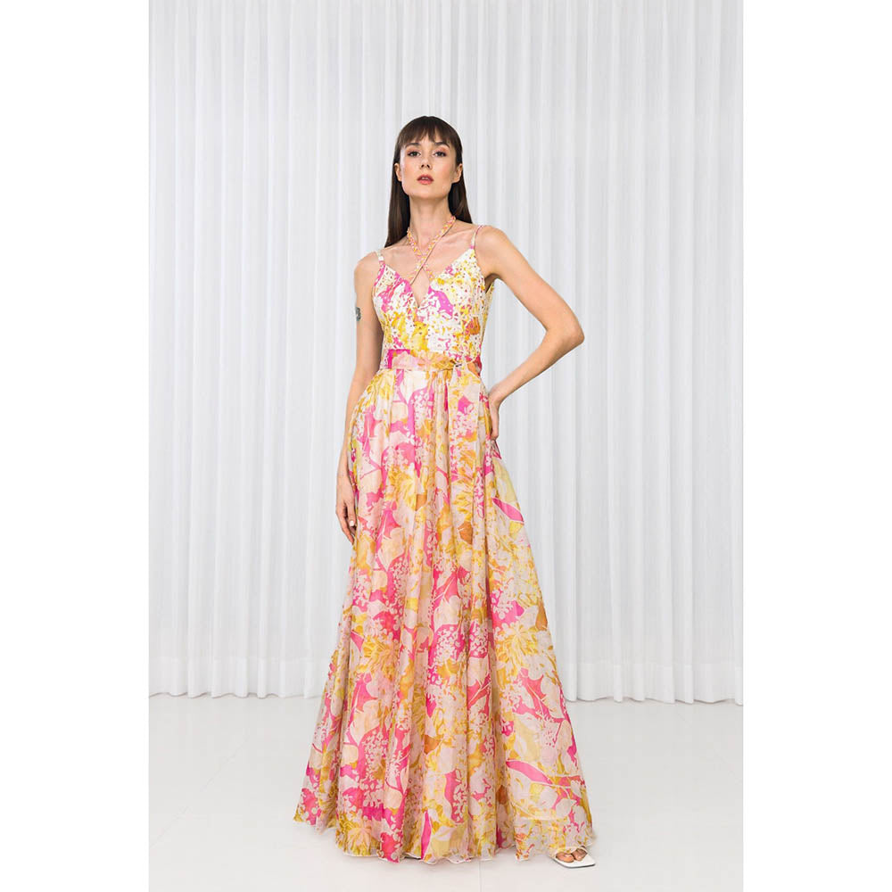 MANDIRA WIRK Dahlia Bouquet Printed Chiffon Dress in Scuba and Lazer Details