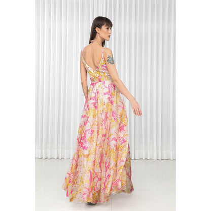 MANDIRA WIRK Dahlia Bouquet Printed Chiffon Dress in Scuba and Lazer Details