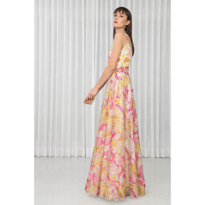 MANDIRA WIRK Dahlia Bouquet Printed Chiffon Dress in Scuba and Lazer Details