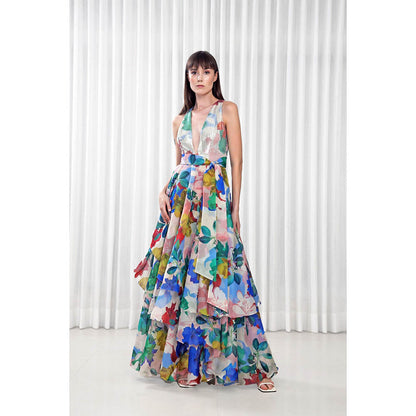 MANDIRA WIRK Hibiscus Printed Layered Gown Dress (Set of 2)
