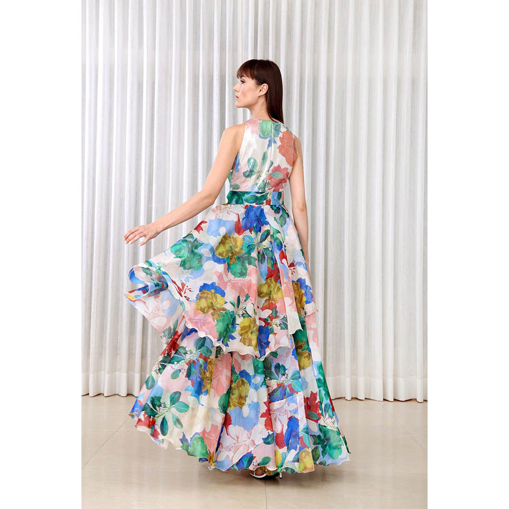 MANDIRA WIRK Hibiscus Printed Layered Gown Dress (Set of 2)