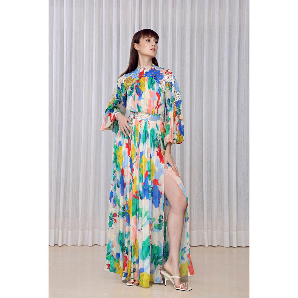 MANDIRA WIRK Hibiscus Printed Dress with Lazer Cuts