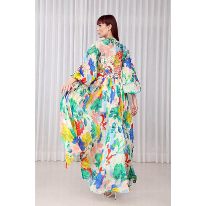 MANDIRA WIRK Hibiscus Printed Dress with Lazer Cuts