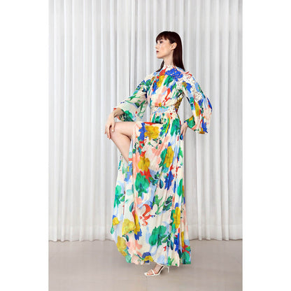 MANDIRA WIRK Hibiscus Printed Dress with Lazer Cuts