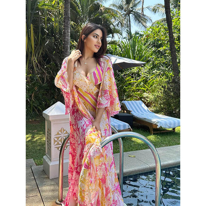 MANDIRA WIRK Orchid & Daisy Printed Bodysuit with Cape Pink (Set of 2)