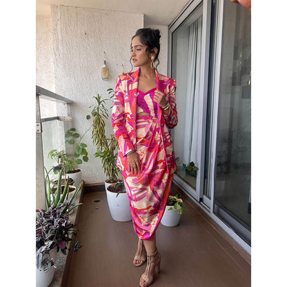 MANDIRA WIRK Fuschia Abstract Printed Blazer & Bustier with Drapped Skirt (Set of 3)