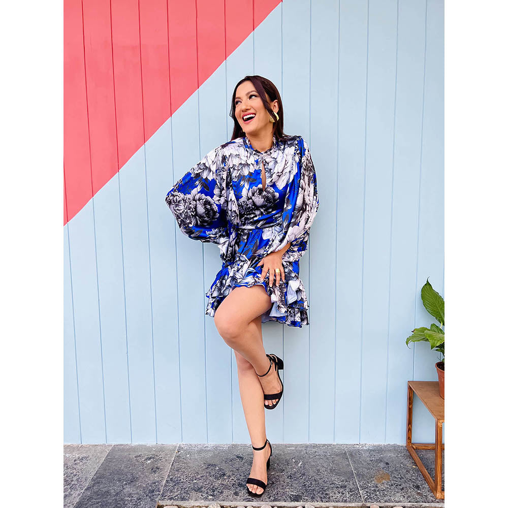 MANDIRA WIRK Satin Printed Short Layered Dress