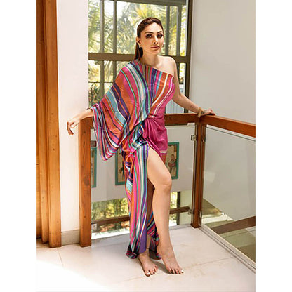 MANDIRA WIRK Pink Marble Placement Printed Draped Dress