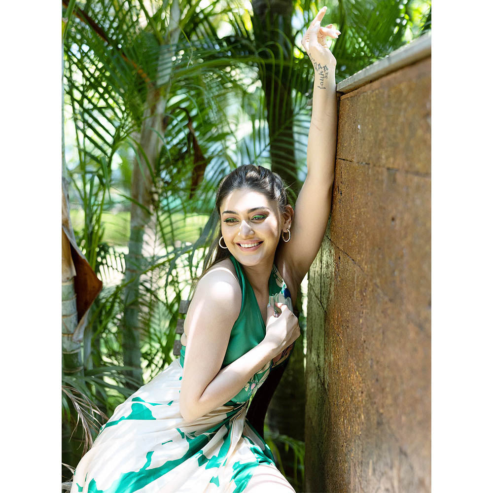 MANDIRA WIRK Green Placement Printed Draped Halter Neck Dress