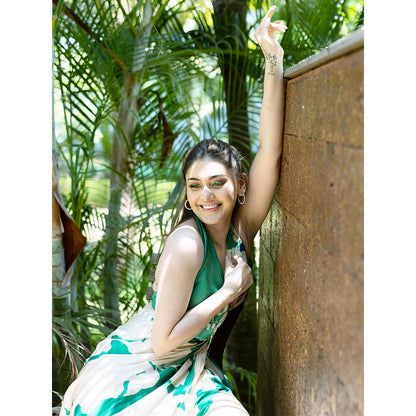 MANDIRA WIRK Green Placement Printed Draped Halter Neck Dress