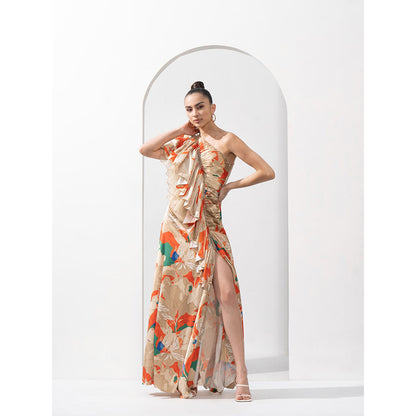 MANDIRA WIRK Mystic Orange Lustrous Satin One Shoulder Dress Solid Organza Frill Detail