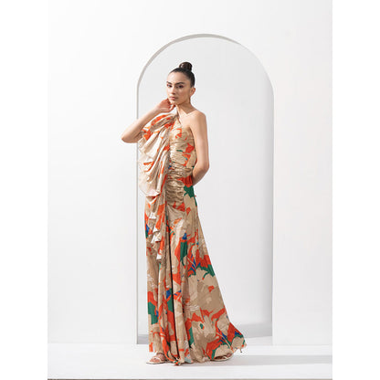 MANDIRA WIRK Mystic Orange Lustrous Satin One Shoulder Dress Solid Organza Frill Detail