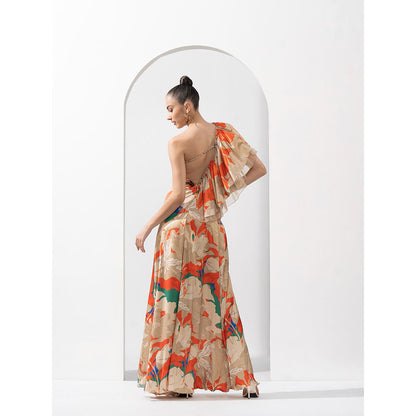 MANDIRA WIRK Mystic Orange Lustrous Satin One Shoulder Dress Solid Organza Frill Detail