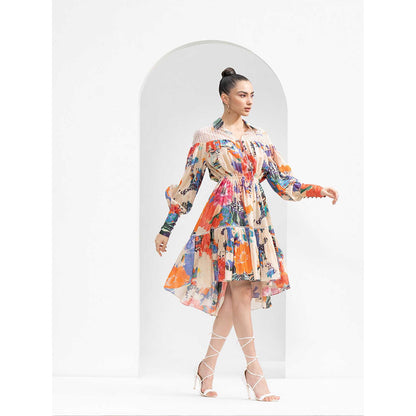 MANDIRA WIRK Ivory Garden Lurex Cotton Short Dress with Cutwork Chantley Detailing