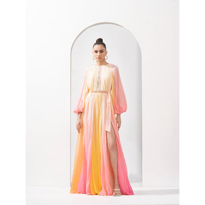 MANDIRA WIRK Multi-Color Chiffon Dress Slit & Hand Embroidered Belt with Chantley (Set of 2)