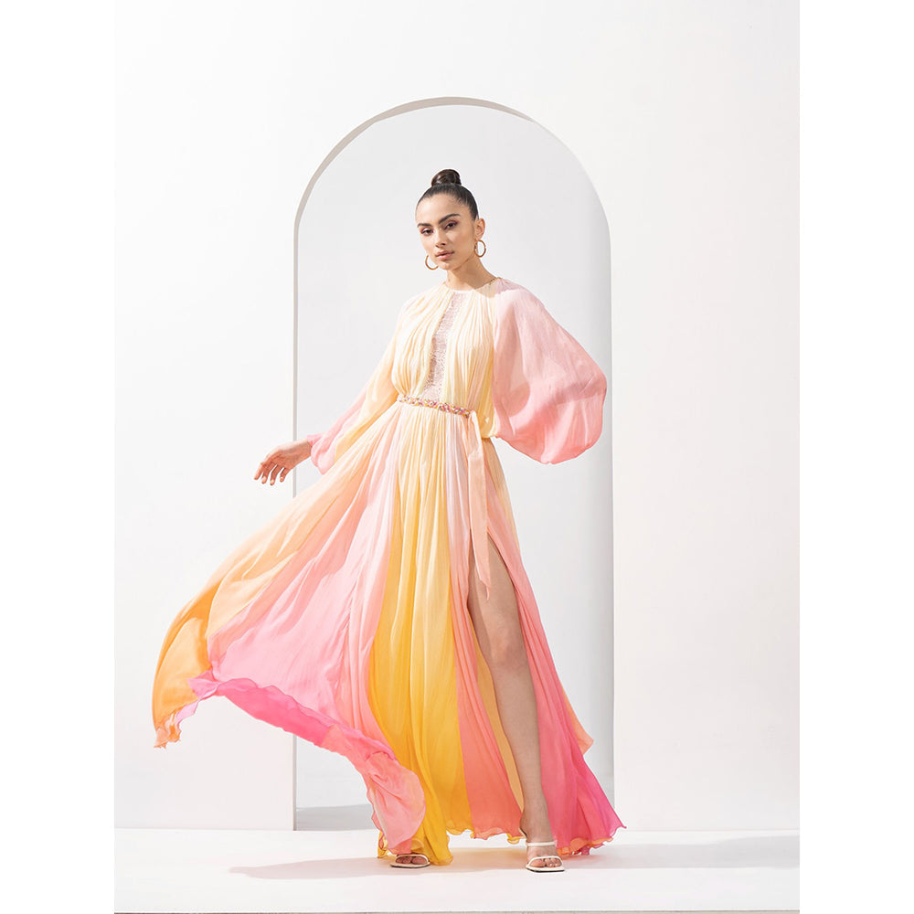 MANDIRA WIRK Multi-Color Chiffon Dress Slit & Hand Embroidered Belt with Chantley (Set of 2)