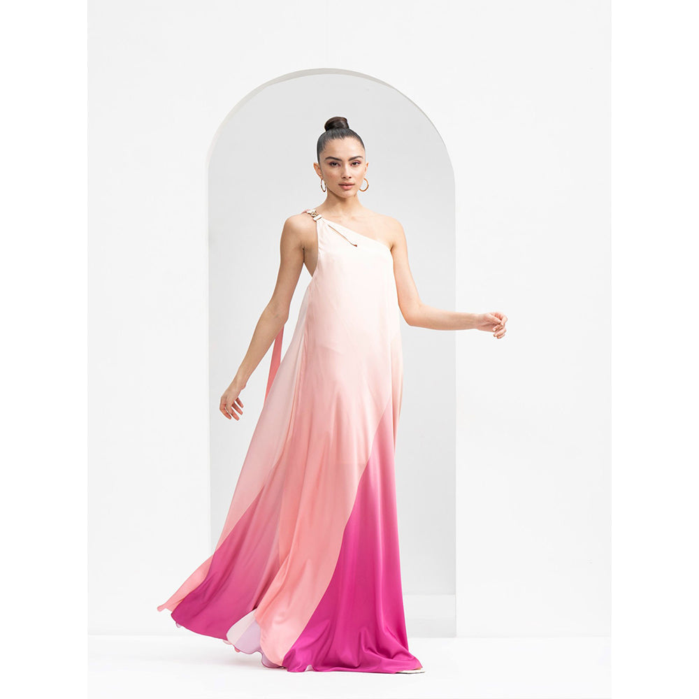 MANDIRA WIRK One Shoulder Kaftan Made Lustrous Satin & Gold Accessory Detailing