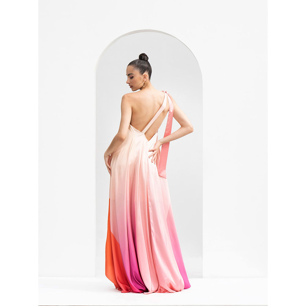 MANDIRA WIRK One Shoulder Kaftan Made Lustrous Satin & Gold Accessory Detailing