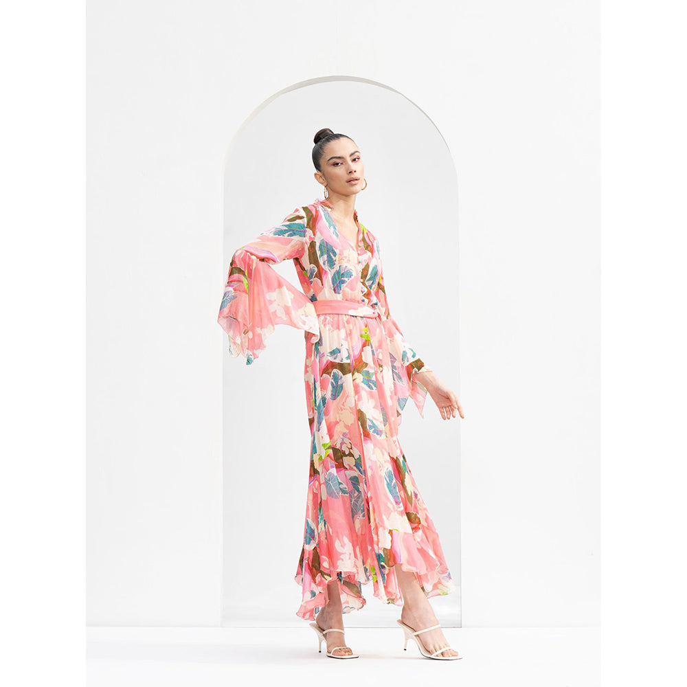 MANDIRA WIRK Peach Tropical Chiffon Dress with Godets & Ruffled Details On Neckline