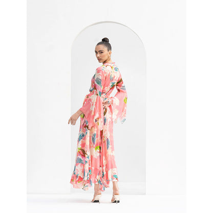MANDIRA WIRK Peach Tropical Chiffon Dress with Godets & Ruffled Details On Neckline