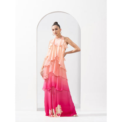 MANDIRA WIRK Ombre Placement Chiffon Tiered Dress Delicate Hand Embroidery On Neckline